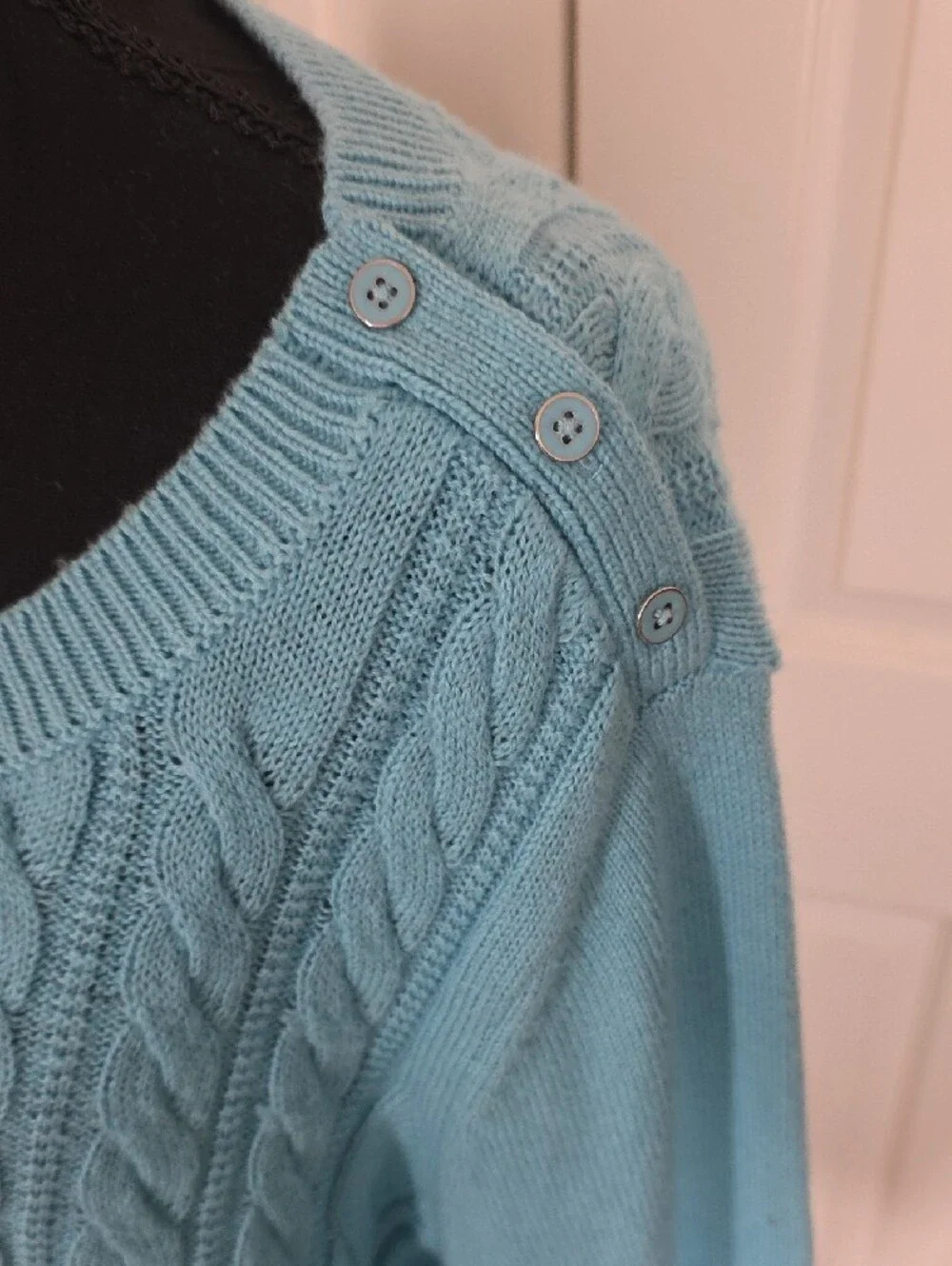 Talbots Bright Turquoise Cable Scoop Neck Sweater with Shoulder Buttons